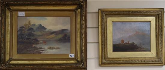 19th century Scottish School, oil on canvas, Stags at rest in a landscape, 20 x 25cm and a Sydney Yates Johnson 24 x 34cm